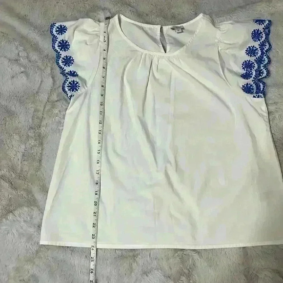 J.Crew White And Blue Embroidered Flutter Sleeve Top Size M - Picture 9 of 9